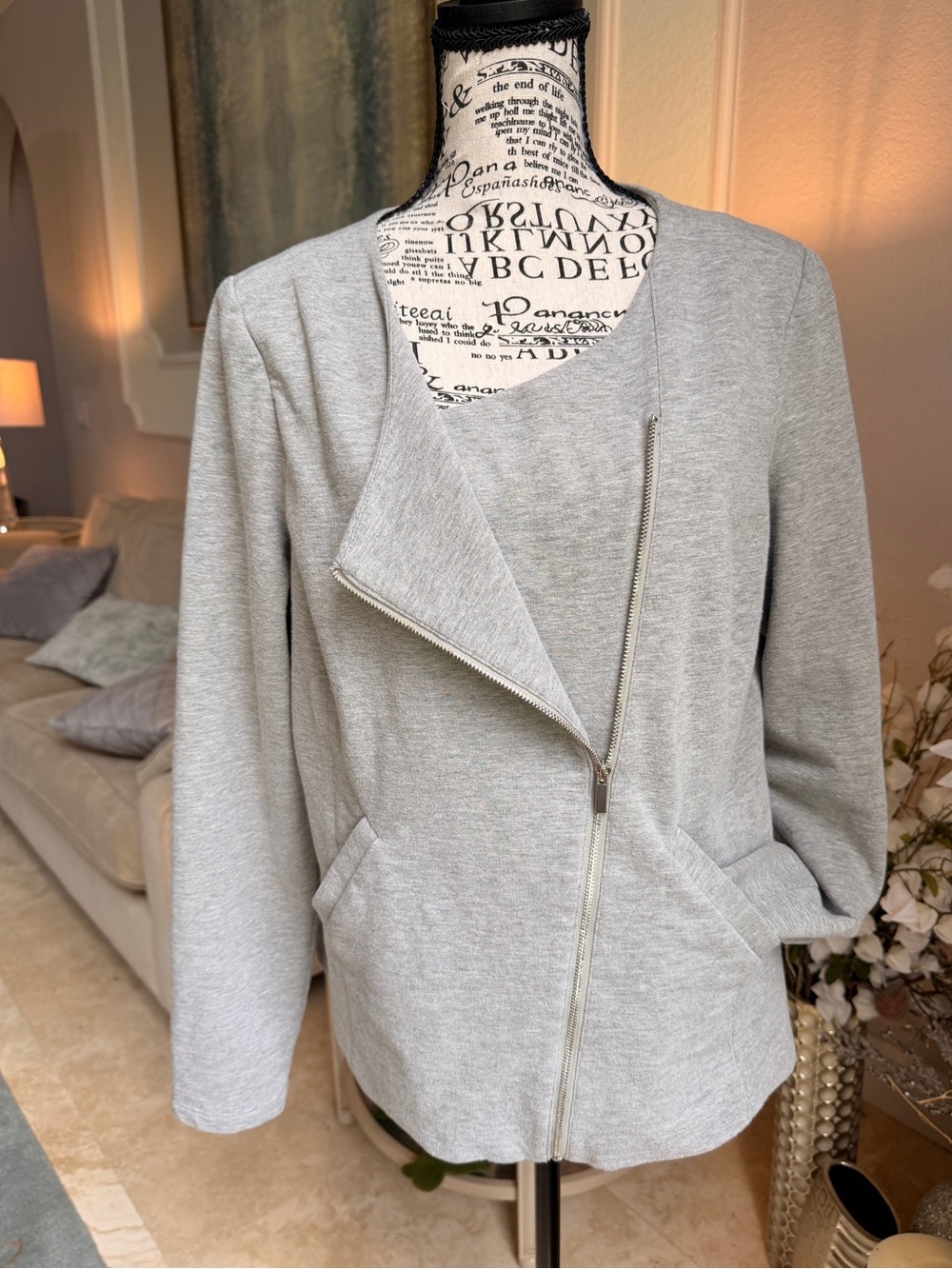VTG Mossimo Heather Gray Knit Moto Jacket Asymmetric Zip Blazer Large EUC